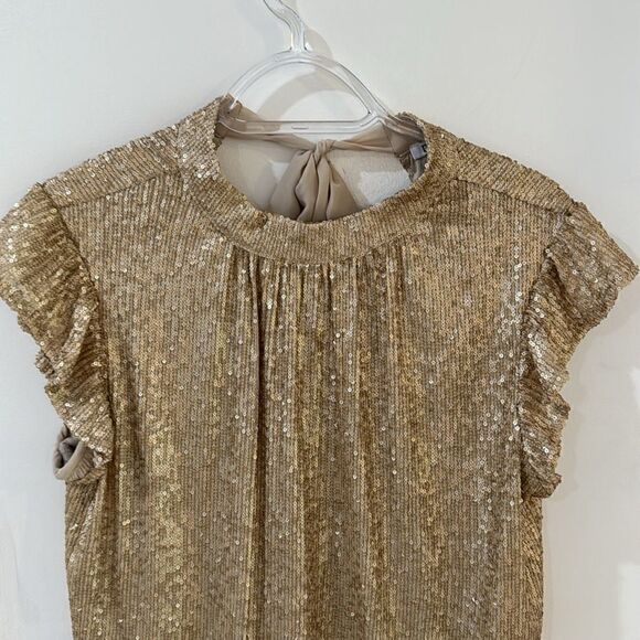 DR2 Champagne Gold matte sequin ruffle cap sleeve top  party holiday top S NWT - Picture 5 of 14